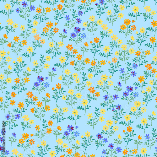 Seamless pattern with small blooming yellow, orange, blue flowers on a turquoise background.