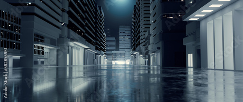 3D Rendering of  business district center (CBD) in mega city with light reflection from puddles on street. Concept for night life, car or vehicle ads, tech background 