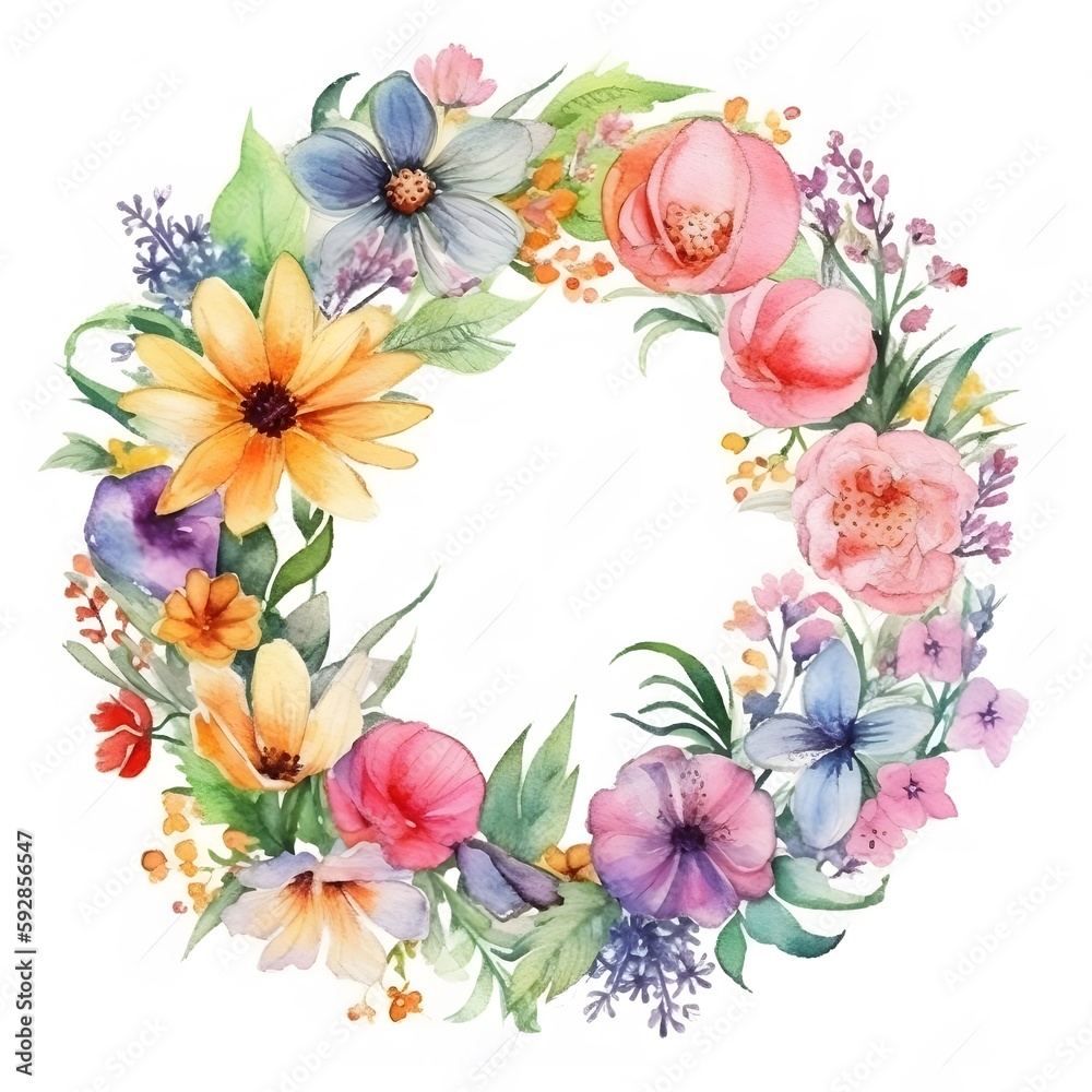 Beautiful Watercolor Spring Flowers Wreath. Watercolor Illustration for Wedding Invitations, Greeting Cards, apparel Prints. Generetive Ai