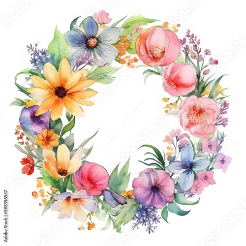 Beautiful Watercolor Spring Flowers Wreath. Watercolor Illustration for Wedding Invitations, Greeting Cards, apparel Prints. Generetive Ai