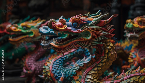 Colorful vibrant Chinese dragons, close up, Generative AI © Andrii Fanta