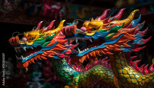 Colorful vibrant Chinese dragons, close up, Generative AI