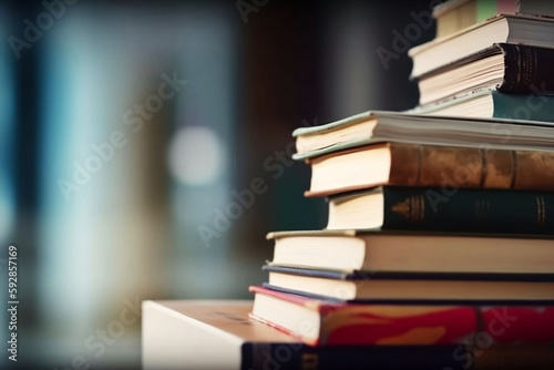 Concept of Education. Stack of Books on Blurred Library Background