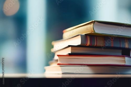 Concept of Education. Stack of Books on Blurred Library Background