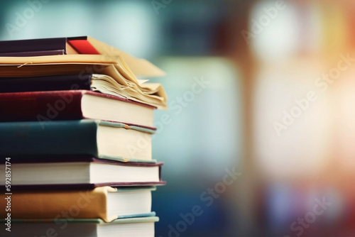Concept of Education. Stack of Books on Blurred Library Background © Thares2020