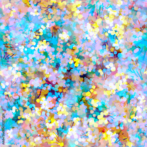 Spring blooming tender mimosa garden Abstract layered painted seamless pattern Watercolor effect