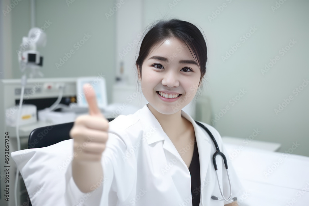 Portrait of a young female doctor showing thumbs up gesture in clinic. Generative AI Portrait of a young female doctor showing thumbs up gesture in clinic. Generative AI