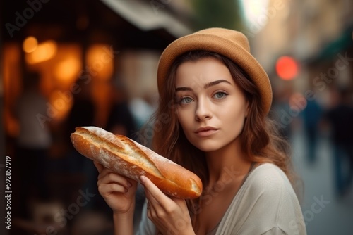 Beautiful young woman in hat with baguette in the street  Generative AI
