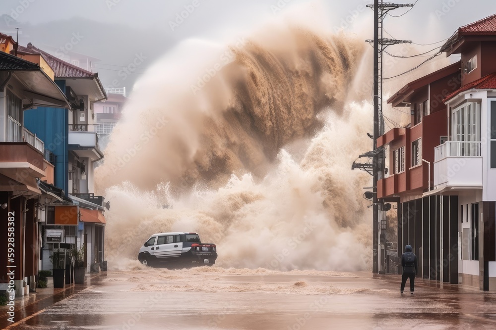 tsunami wave crashes into coastal city, flooding streets and destroying ...