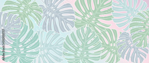 Delicate vector tropical background with large monstera leaves in pastel shades. Abstract background for text and photos, covers and presentations, decor.