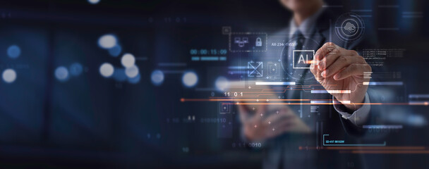 AI Artificial Intelligence, Data Science, Information technology concept. Businessman touching on AI machine learning on virtual screen with big data, computer code