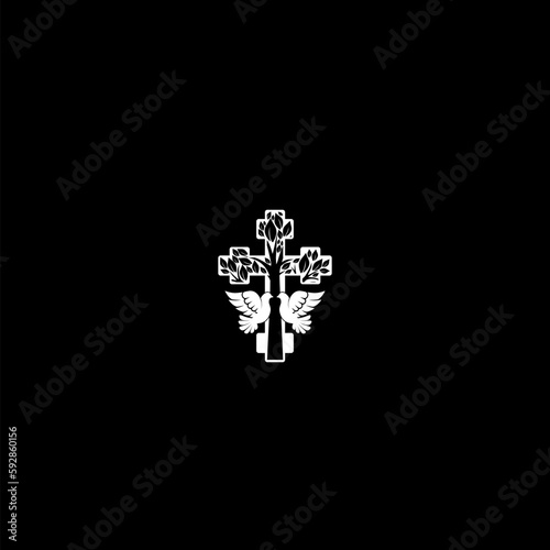 Christian cross and dove icon isolated on dark background
