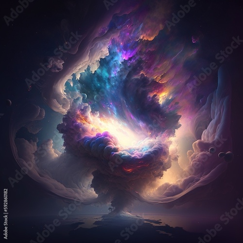 Dramatic formation of colourful bright clouds in the dark cosmic sky. Created using Generative AI