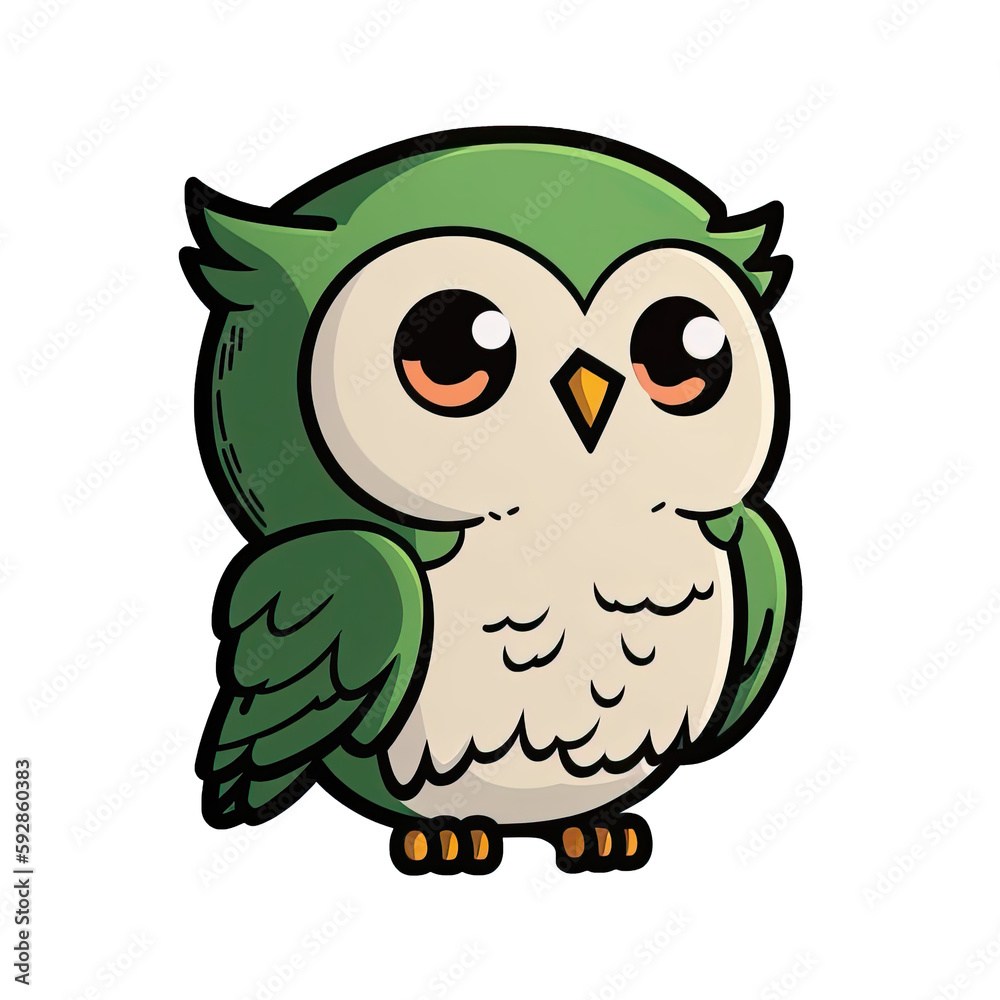 Obraz premium Cute cartoon owl character with transparent background, Green feathers, standing