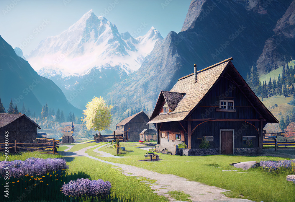 Beautiful mountain scape with a village house, Generative AI Beautiful mountain scape with a village house, Generative AI