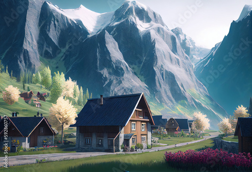 Beautiful mountain scape with a village house, Generative AI