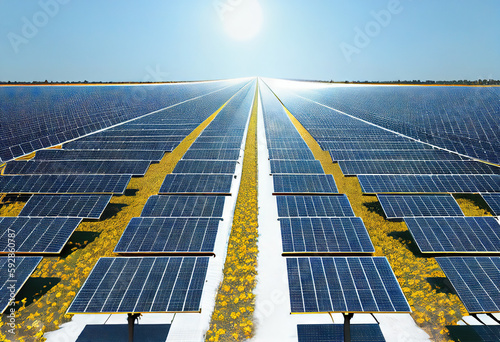 Solar energy farm with solar panels and bright sun, Generative AI © fusebulb