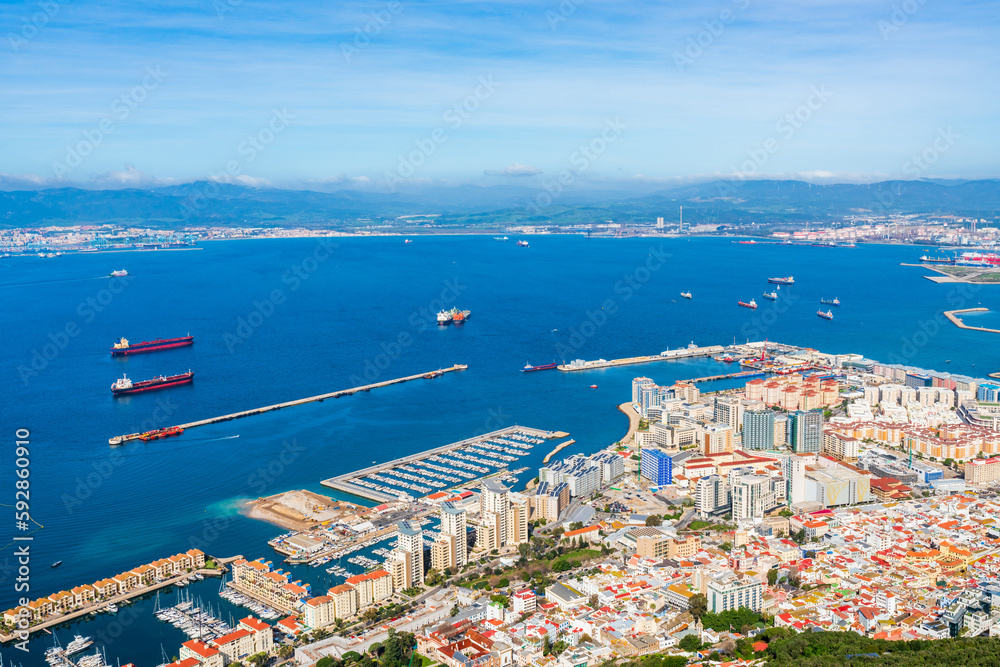 View of Gibraltar town and Spanish coast across Bay of Gibraltar from the Upper Rock, Gibraltar,UK
