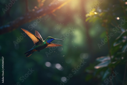 Detailed close-up of a tiny and delicate hummingbird perched on a green branch, surrounded by lush jungle in Costa Rica. AI Generative.