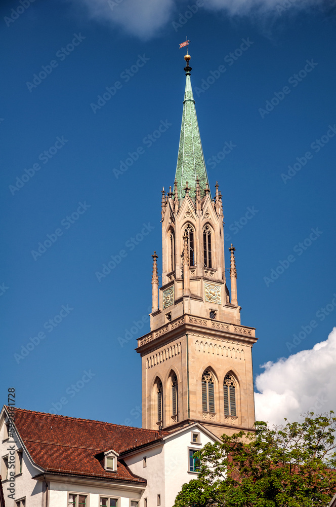 St.Gallen, Switzerland, upward view of the neo gotic style St. Lawrence church
