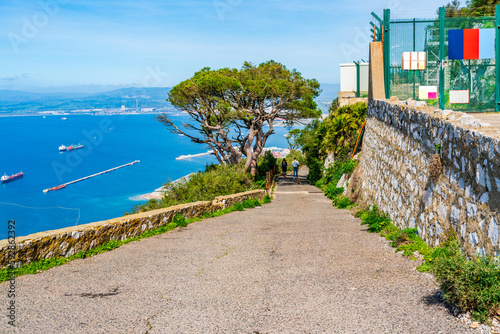 A path in Gibraltar Natural Reserve with a view of Bay of Gibraltar from the Upper Rock, UK