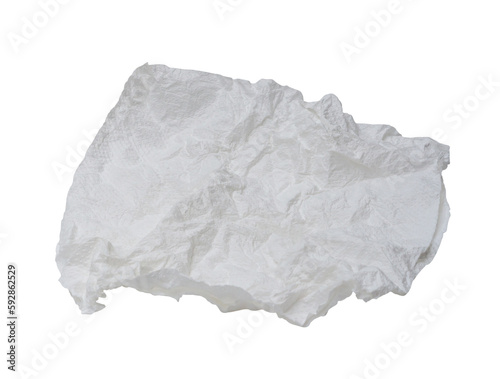 Single screwed or crumpled tissue paper or napkin in strange shape after use in toilet or restroom isolated on white background with clipping path in png format