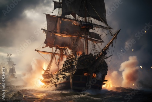 pirate ship under attack by enemy, with cannon fire and smoke in the air, created with generative ai photo