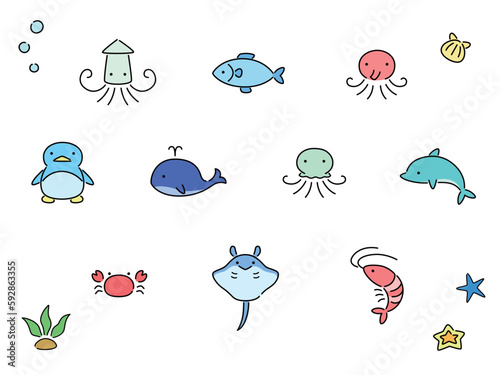 シンプルな海の生き物のイラストセット