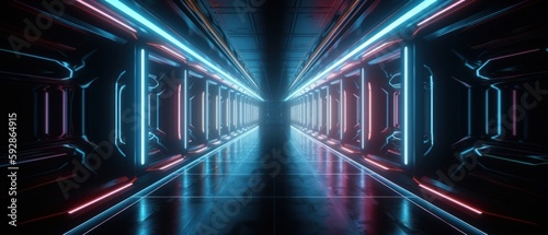 Long neon corridor  abstract tunnel colorful. Generative AI