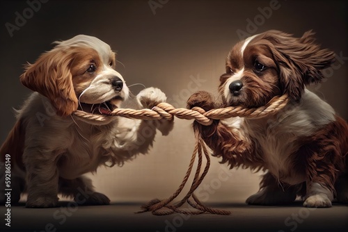 two cute dogs playing tug-of-war with rope toy, created with generative ai
