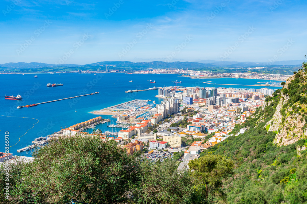 View of Gibraltar town and Spain across the Gibraltar Bay from the Upper Rock. UK