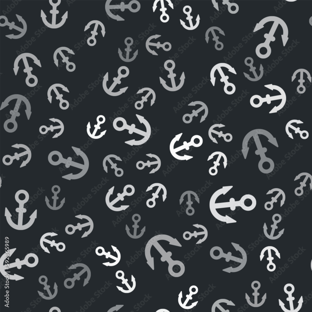 Grey Anchor icon isolated seamless pattern on black background. Vector