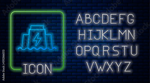 Glowing neon Hydroelectric dam icon isolated on brick wall background. Water energy plant. Hydropower. Hydroelectricity. Neon light alphabet. Vector