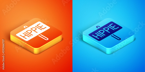 Isometric Peace icon isolated on orange and blue background. Hippie symbol of peace. Vector