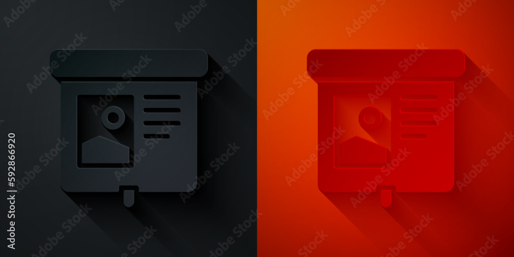 Paper cut Projection screen icon isolated on black and red background. Business presentation visual content like slides, infographics and video. Paper art style. Vector Paper cut Projection screen icon isolated on black and red background. Business presentation visual content like slides, infographics and video. Paper art style. Vector