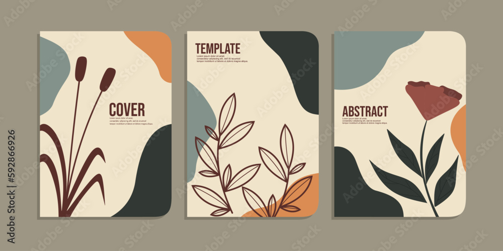 set of book cover designs with hand drawn foliage decorations. abstract retro botanical background.size A4 For notebooks, diary, schoolbook, planners, brochures, books, catalogs