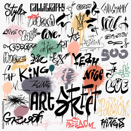 Set of colorful, black and white graffiti tags. Template t-shirt design, textile banner. Graffiti wall art background street art, urban vector background. Amazing graffiti art background.