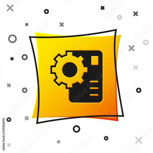 Black Neural network icon isolated on white background. Artificial intelligence AI. Yellow square button. Vector