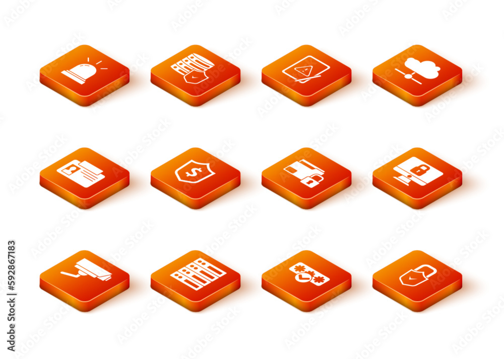 Set Security camera, Server, Data, Web Hosting, Identification badge, Shield with dollar, Password protection, Folder and lock, Lock check mark and computer monitor icon. Vector Set Security camera, Server, Data, Web Hosting, Identification badge, Shield with dollar, Password protection, Folder and lock, Lock check mark and computer monitor icon. Vector
