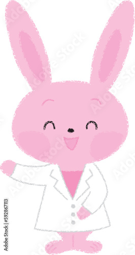 片手を上げている白衣を着た笑顔のうさぎ