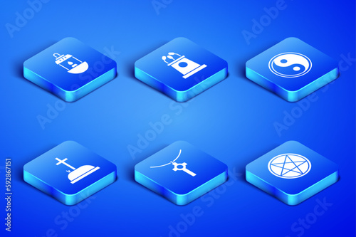 Set Pentagram in a circle, Ramadan Kareem lantern, Christian cross on chain, Tombstone with, Stage stand or tribune and Yin Yang icon. Vector