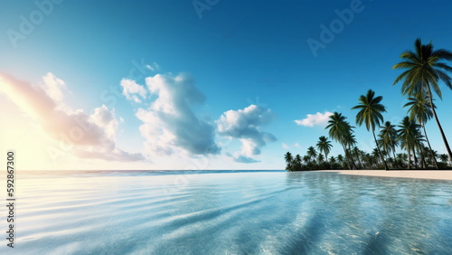 Beautiful Beach Panorama with blue water and palm trees with Generative AI.