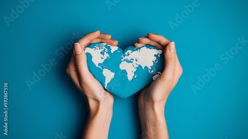 heart shaped earth in hand on blue isolated background with Generative AI.