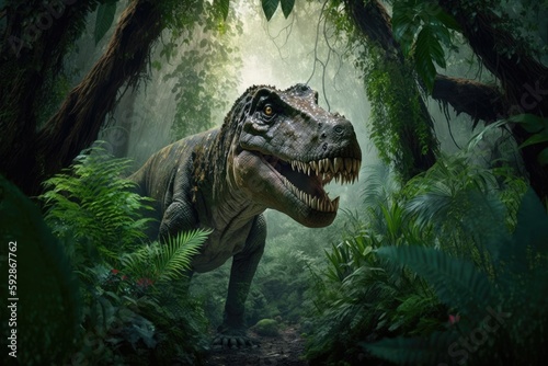 tyrannosaurus rex in dense jungle, surrounded by lush greenery, created with generative ai