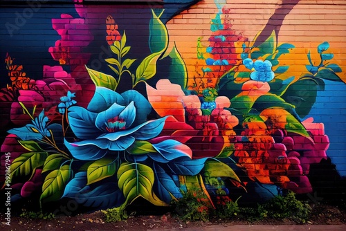 urban graffiti art featuring mural of vibrant flower garden, created with generative ai