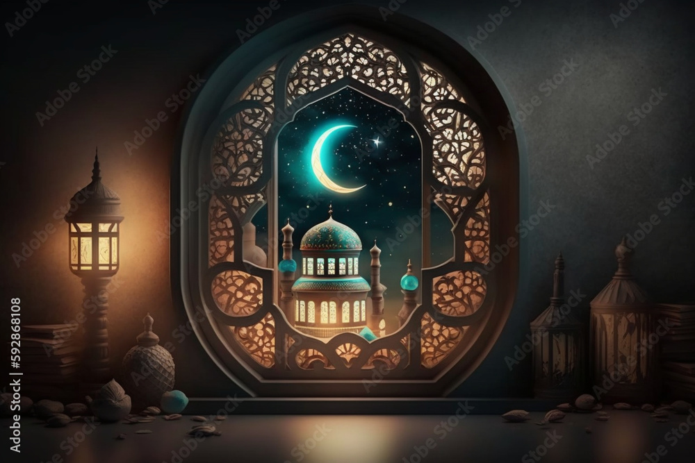 A windows depicts an islamic mosque at night with moon and lentern. In style of islamic city. Arched doorways. Eid al fitr background of window. Ramadan kareem eid mubarak islamic lantern on a table