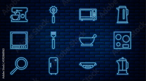 Set line French press, Electric stove, Microwave oven, Fork, Electronic scales, mixer, Mortar and pestle and Pizza knife icon. Vector