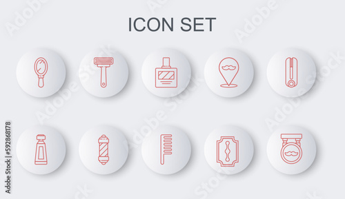 Set line Barbershop, Cream or lotion cosmetic tube, Aftershave, Blade razor, Hand mirror, Shaving, Classic pole and Hairbrush icon. Vector