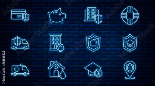 Set line Location shield, Graduation cap with, House, Fire in burning house, Car, Credit card, and Piggy bank icon. Vector