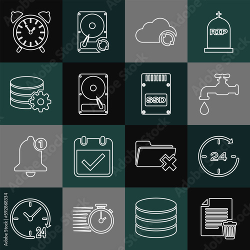 Set line Delete file document, Clock 24 hours, Water tap, Cloud sync refresh, Hard disk drive HDD, Setting database server, Alarm clock and SSD card icon. Vector